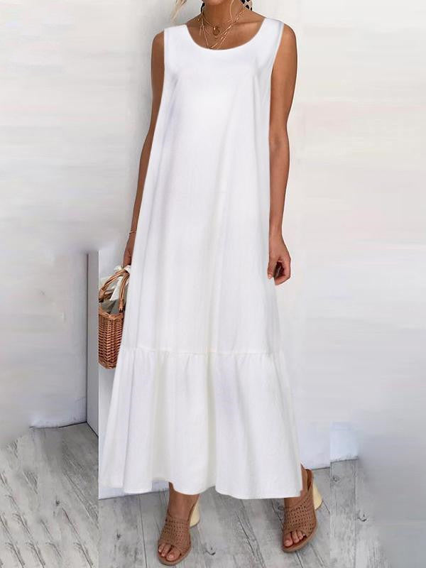 Loose See-through Color Split-joint Round-neck Maxi Dresses