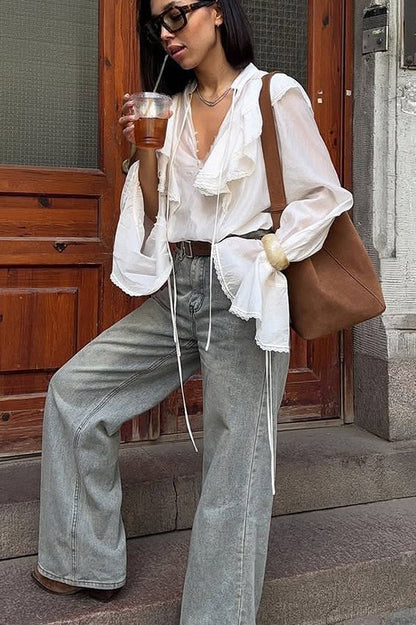 V-neck Tie Lace Trim Blouse