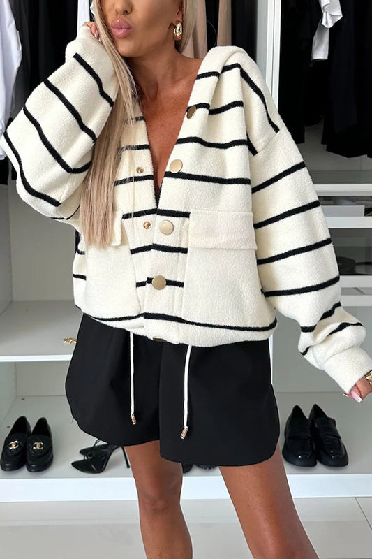 And Comfort Knit Striped Button Up Pocketed Loose Hooded Cardigan