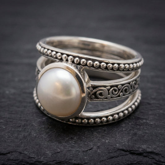 Vintage Layered Silver Pearl Ring