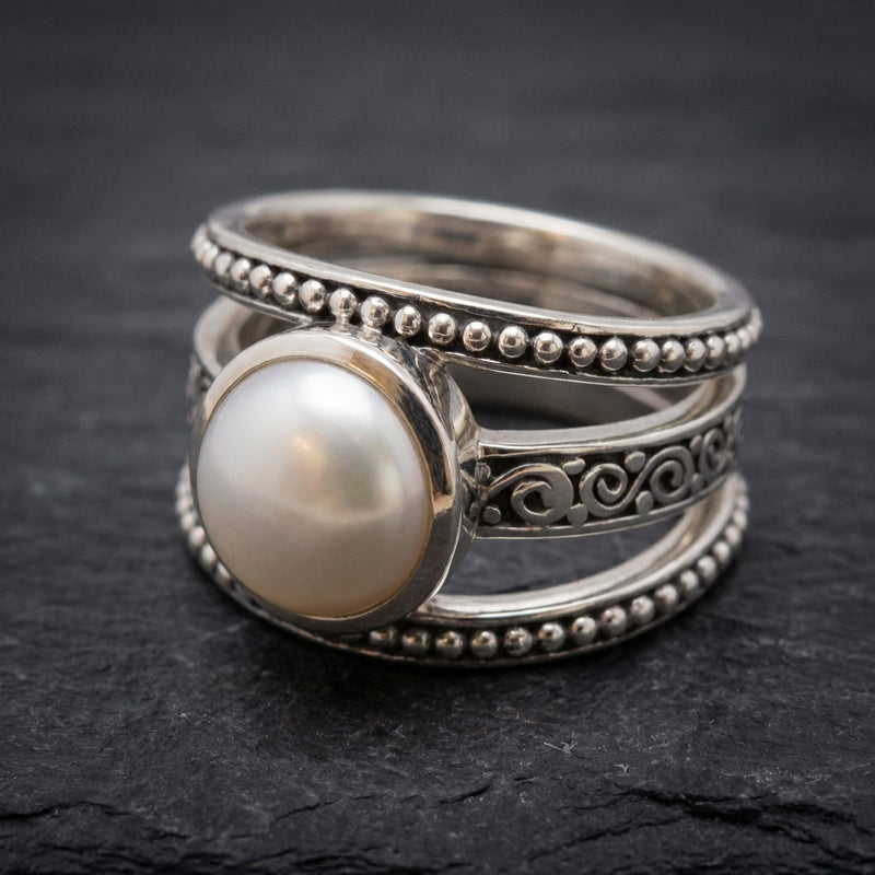 Vintage Layered Silver Pearl Ring