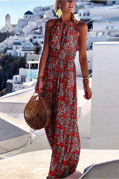 Fashionable and Vacation Style Printed Large Hanging Neck Design With a Sense of Long Skirt