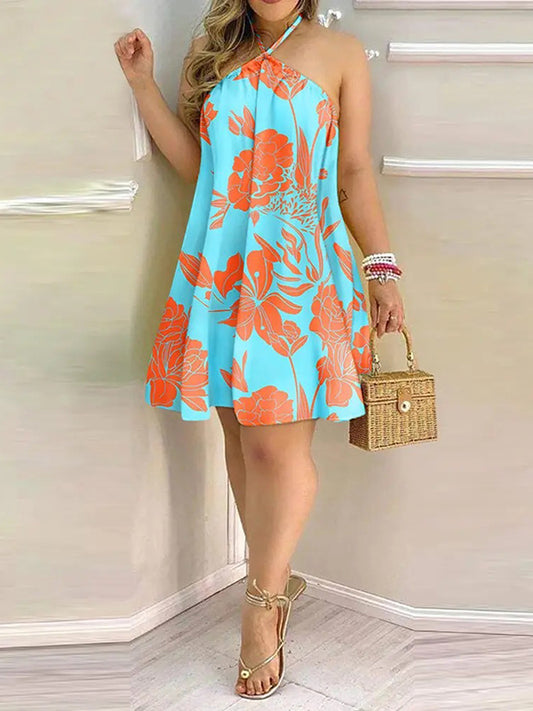 Loose Sleeveless Contrast Color Printed Halter-neck Mini Dresses