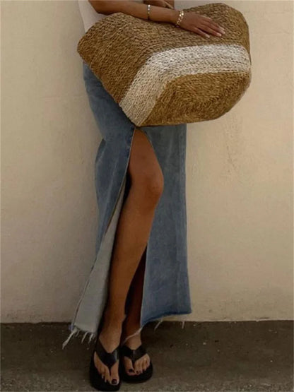 New High Waist Denim Skirts Spilt Out Maxi Jean Skirt Summer Holiday Long Skirts