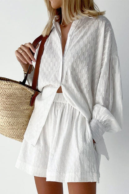 Textured Bubble Sleeve Blouse Shorts Set