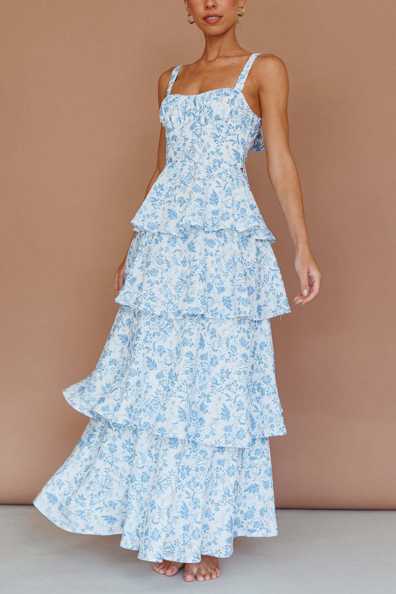 Print Tie-up Tiered Midi Dress