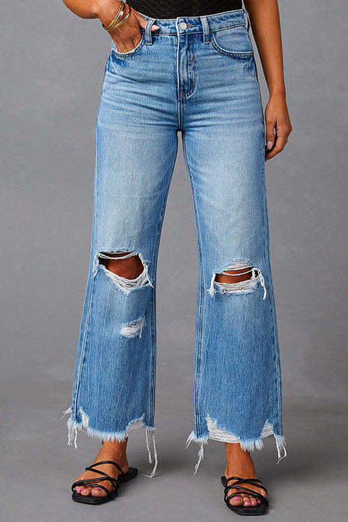 Raw Hem Ripped Flare Bottoms Denim Pants
