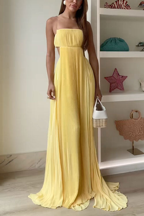Moxidress Spaghetti Strap Back Cut Out Pleated Maxi Dress