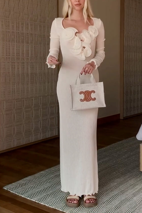 Long Sleeves Back Slit Shirred Maxi Dress