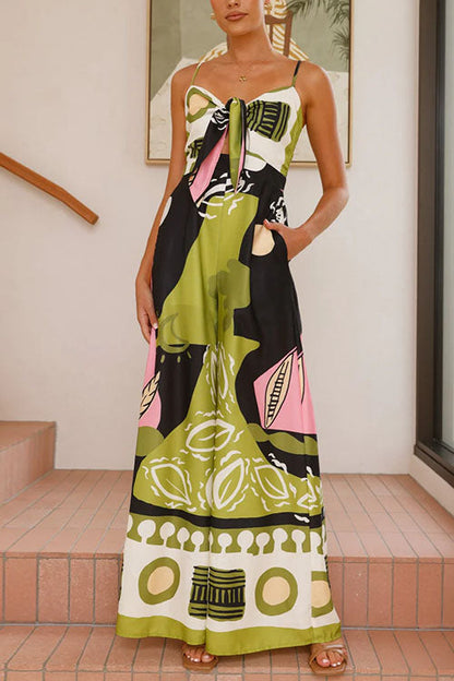 Moxidress Tie Front Cut Out Wide Leg Printed Cami Jumpsuit