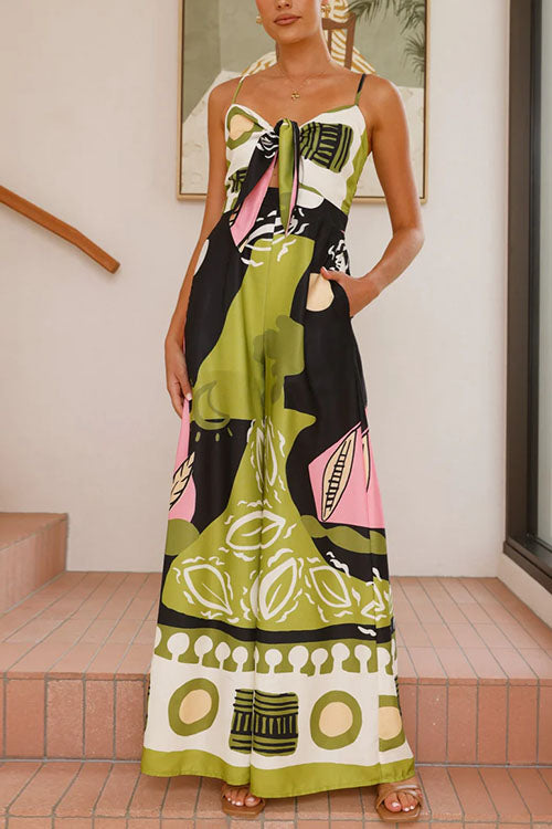 Moxidress Tie Front Cut Out Wide Leg Printed Cami Jumpsuit