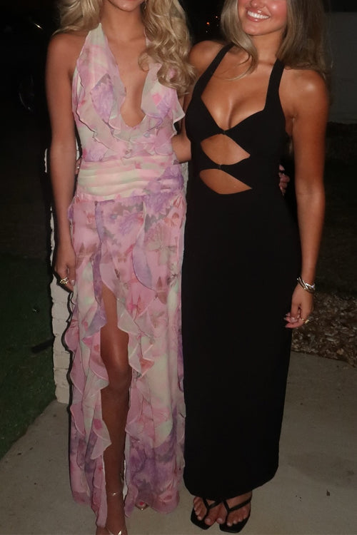 Moxidress Dreamy Ruffle Halter V Neck Slit Watercolor Maxi Dress