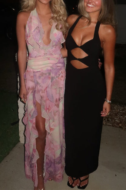 Dreamy Ruffle Halter V Neck Slit Watercolor Maxi Dress