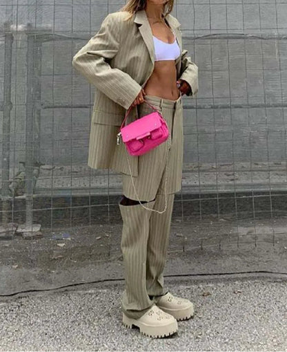 Khaki Print Hollow Out Trousers Office Two Piece Set