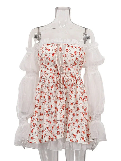 Printed Off-shoulder Mini Dress ’s Ruffled See-through Long Sleeve Bandage Patchwork Dress Female Clothes New