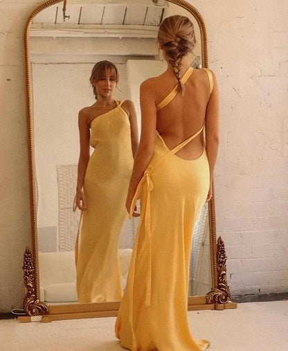 Moonlit Soiree - Satin Asymmetrical One Shoulder Backless Strap Maxi Dress