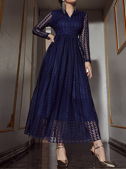 High Waisted Long Sleeves Buttoned Gauze See-through Color V-neck Maxi Dresses