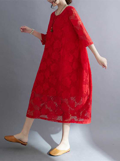 Half Sleeves Loose Hollow Color Round-neck Midi Dresses