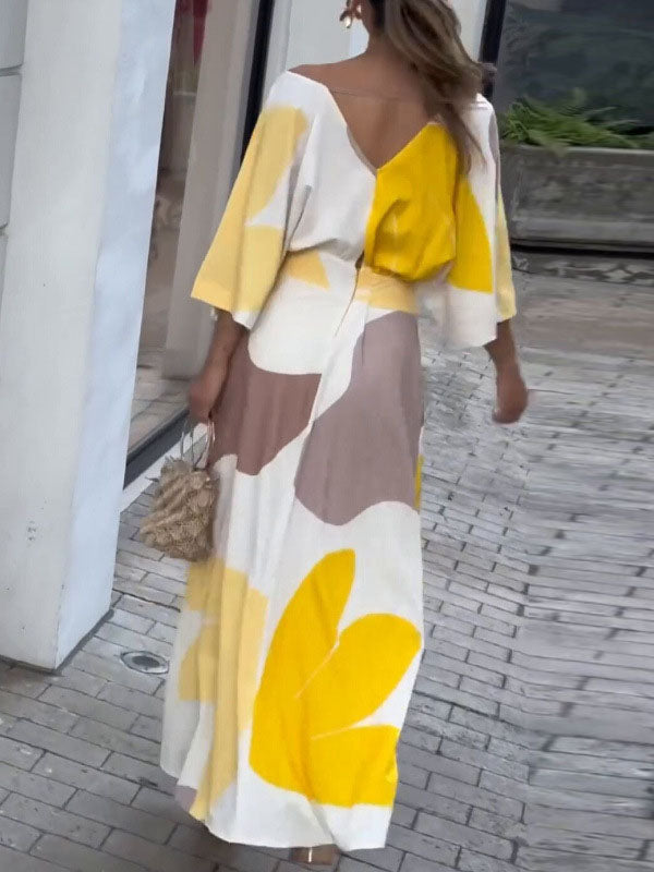 Loose Raglan Sleeve High-waisted Printed Deep V-neck Maxi Dresses