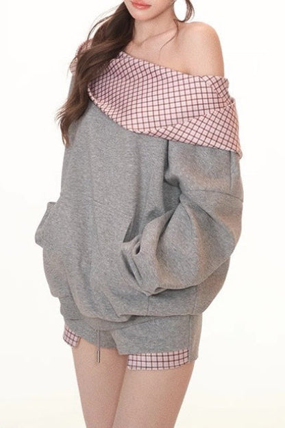 Plaid Patchworkoff-the-shoulder Oversized Two Piece Set