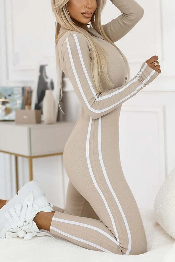 Slim-fitting Long-sleeved Striped Half-zip Jumpsuit
