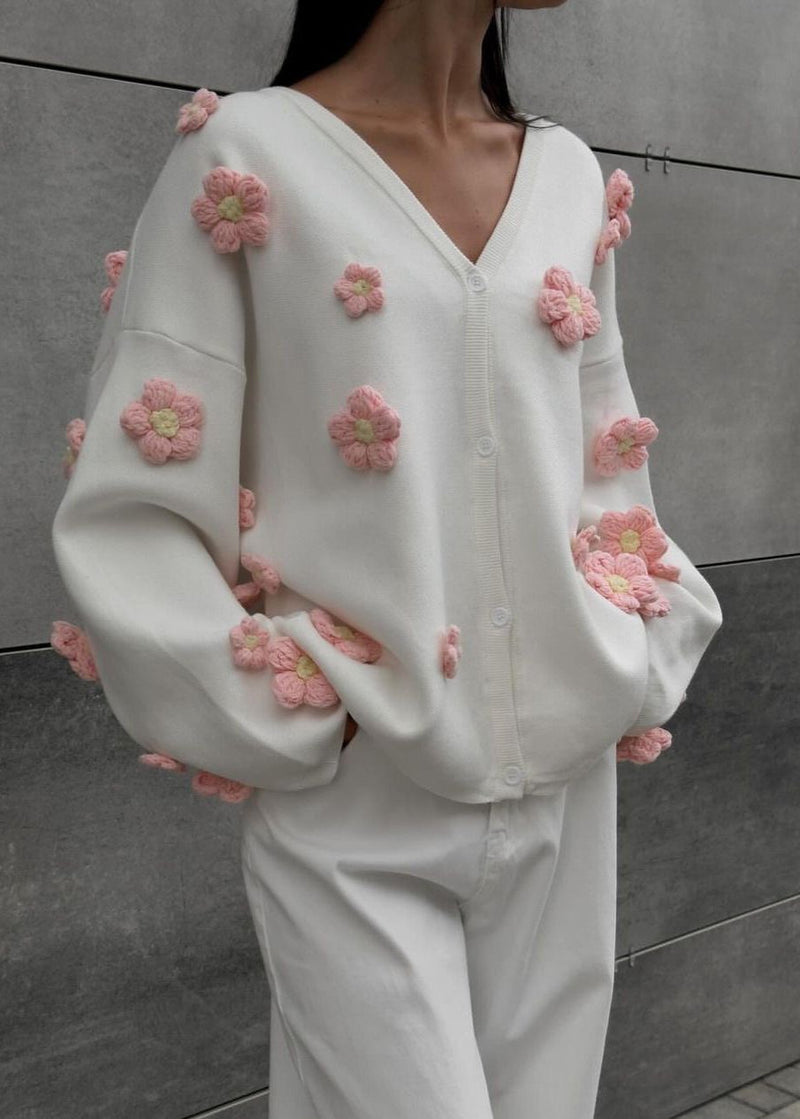 Blush Bloom - 3d Knit Cardigan With V-neck
