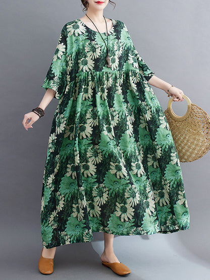 Loose Raglan Sleeve Printed Pleated Split-joint Round-neck Midi Dresses