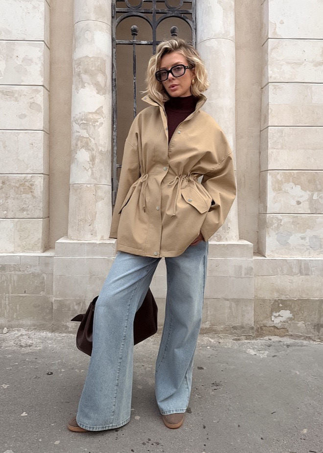 Beige Drawstring Waist Coat - Modern Mid-length Jacket
