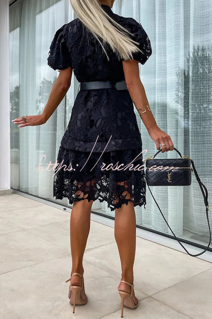 Absolutely Crochet Lace Puff Sleeve Belted Shirt Midi Dress