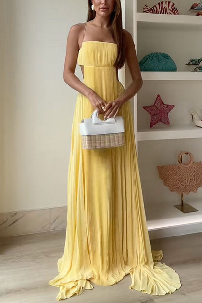Moxidress Spaghetti Strap Back Cut Out Pleated Maxi Dress