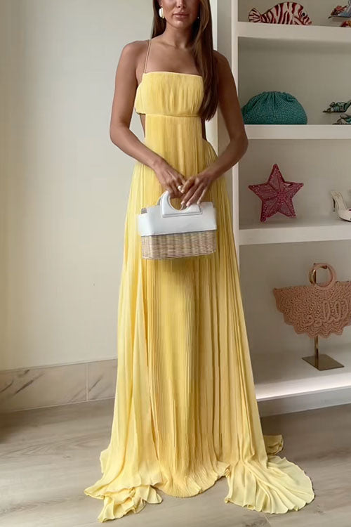 Spaghetti Strap Back Cut Out Pleated Maxi Dress