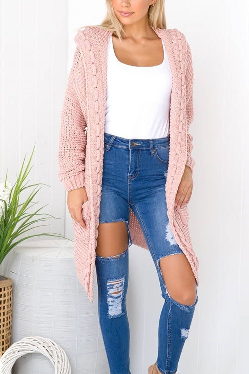 Open Front Ribbed Knitting Hoodied Sweater Outwear
