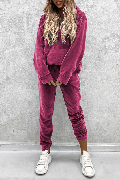 Velour Color Hoodie Long Pants Set