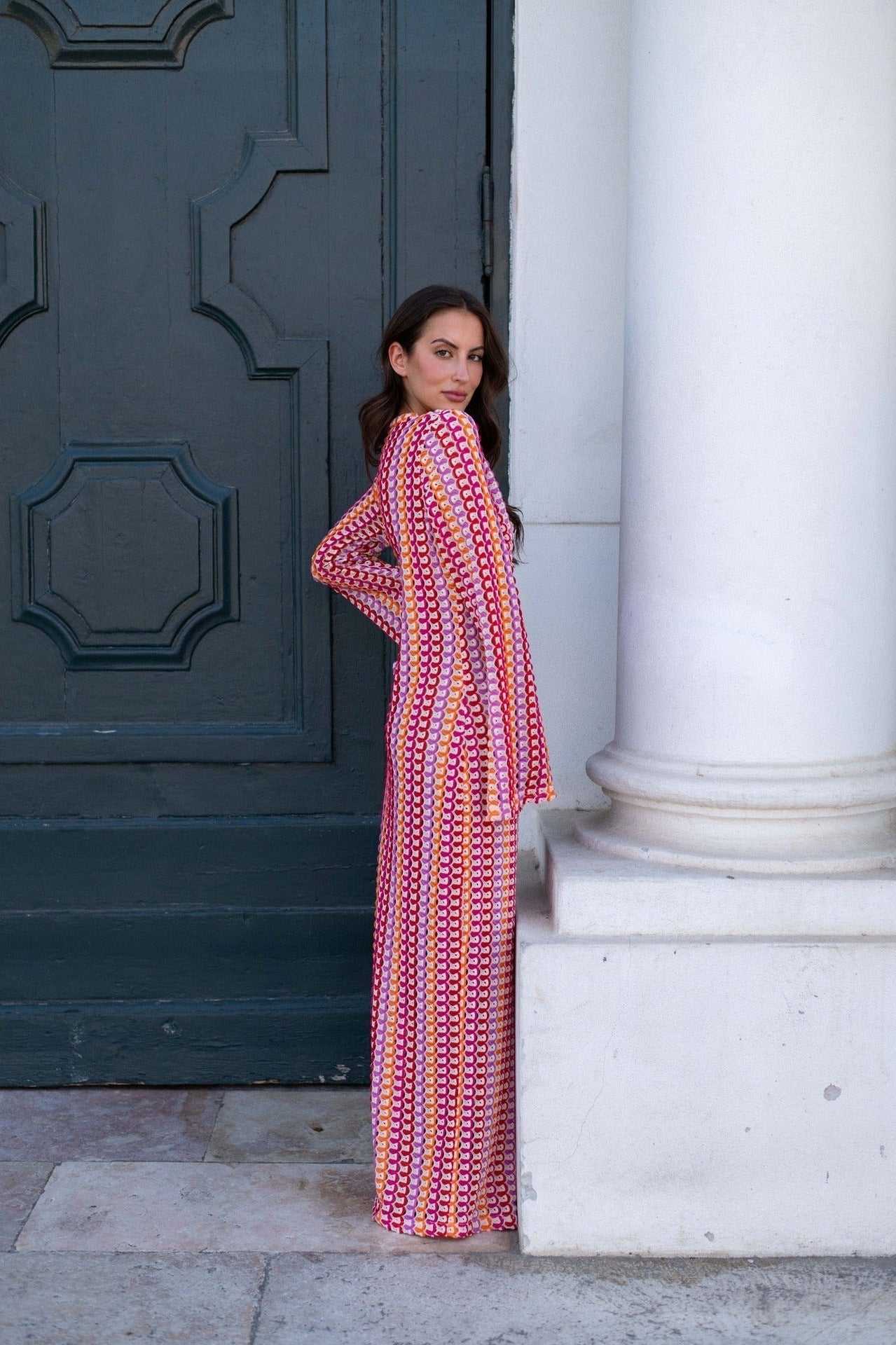 V Neck Bell Sleeve Wavy Striped Crochet Beach Vacation Maxi Dress
