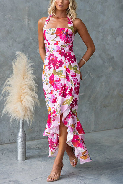 Halter Sleeveless Ruffle Hem Slit Print Maxi Dress
