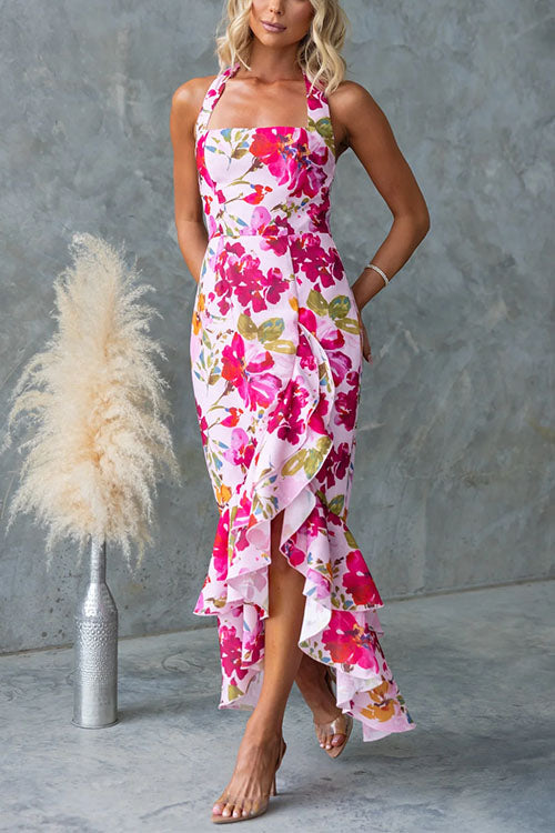 Halter Sleeveless Ruffle Hem Slit Print Maxi Dress