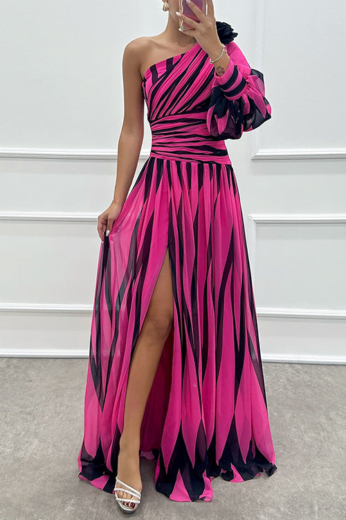 Moxidress One Shoulder Waisted Slit Printed Maxi Dress