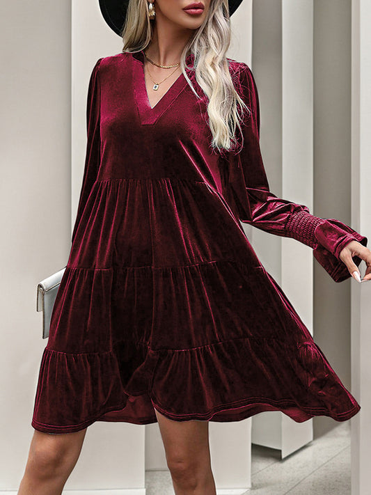 A-line Long Sleeves Pleated Color Velvet V-neck Mini Dresses