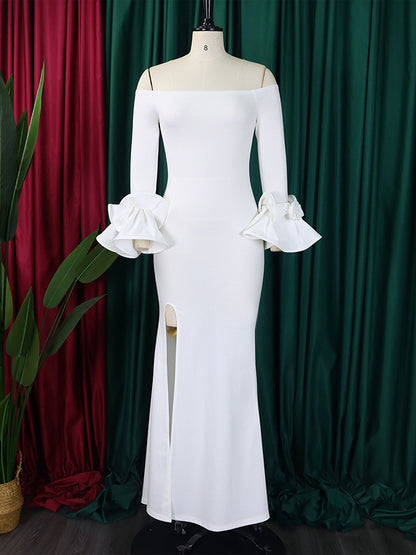 Bodycon Flared Sleeves Falbala Color Split-side Off-the-shoulder Maxi Dresses