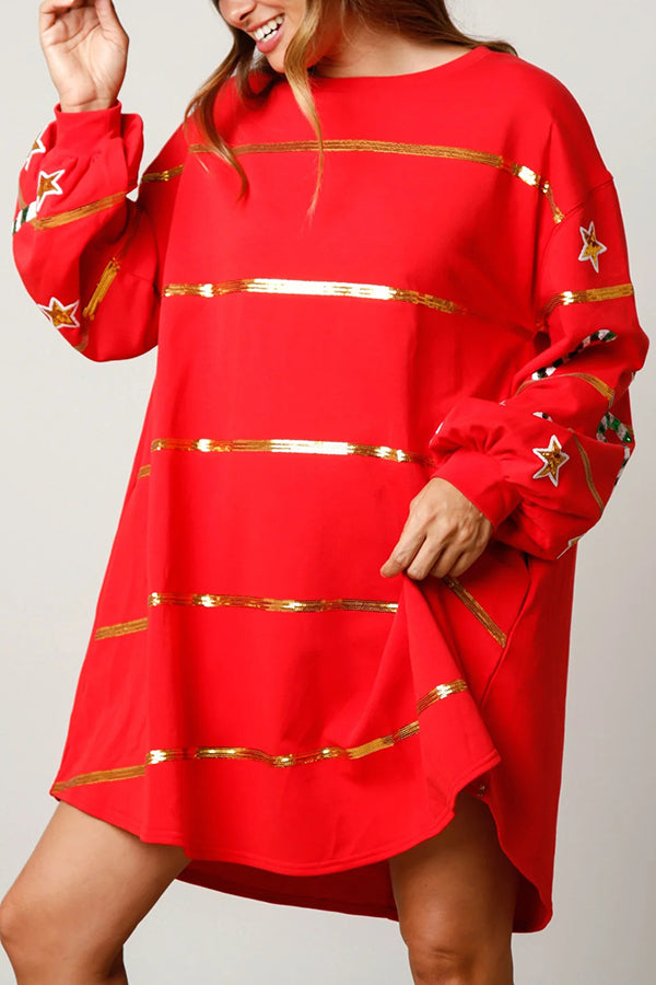 Christmas Candy Sequin Loose Long Sleeve Mini Dress