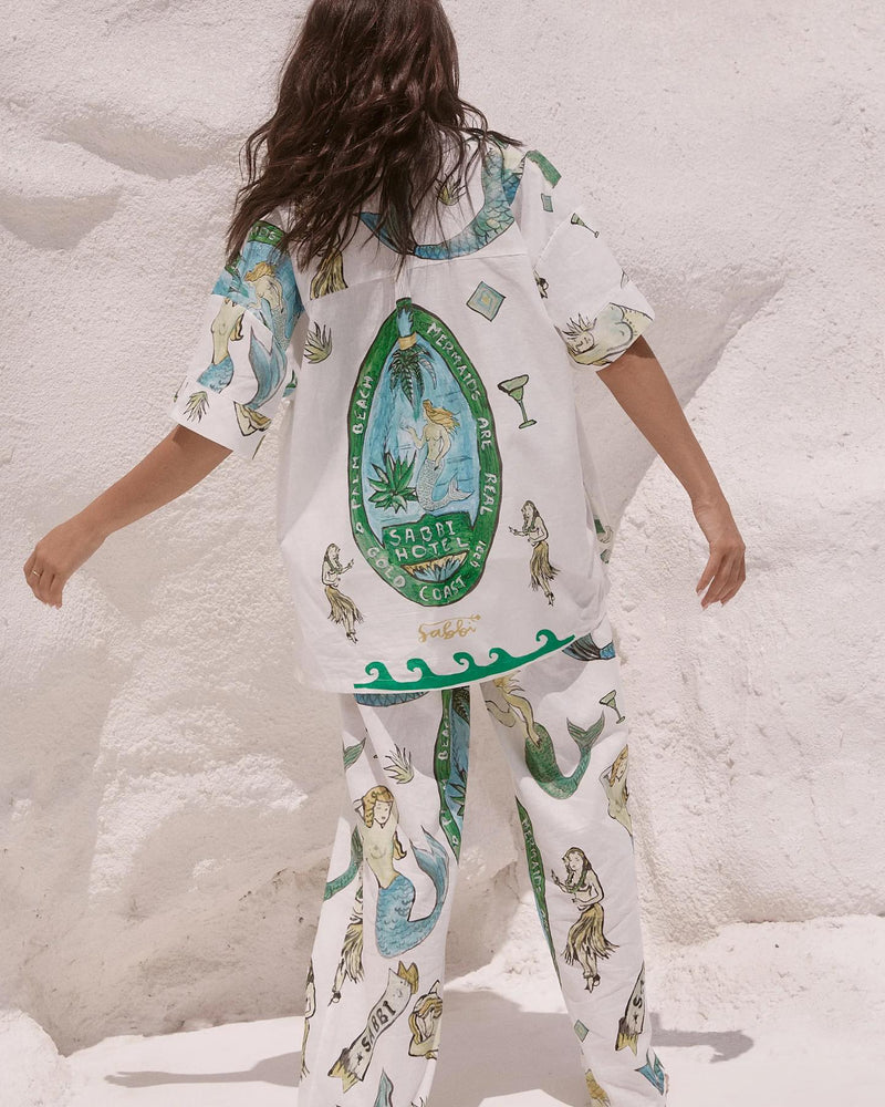Mermaid Print Short-sleeved Shirt and Wide-leg Pants Two-piece Set