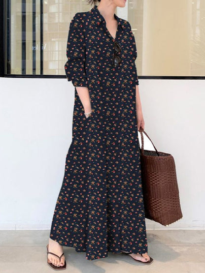 Printed Lapel Long Sleeve Shirt Maxi Dress