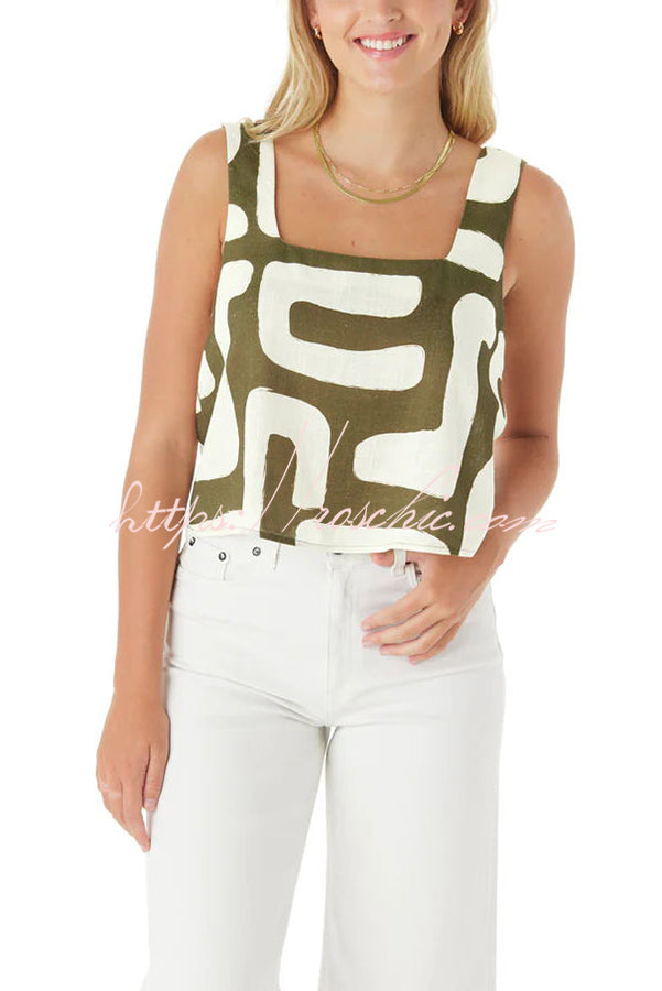 Vacation Linen Blend Unique Print Square Tank and Elastic Waist Pocketed Shorts Set