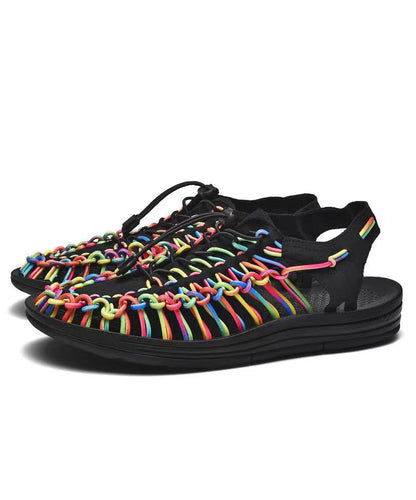 Hollow Out Splicing Beach Flat Sandals Black Knit Fabric