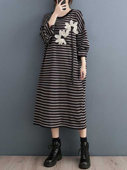 A-line Long Sleeves Contrast Color Flower Print Keep Warm Striped Round-neck Midi Dresses