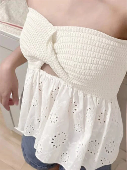 White Tube Top Knit Twist Crop Top Lace Mesh Strapless Corset Top Korean Chiffon Blouse