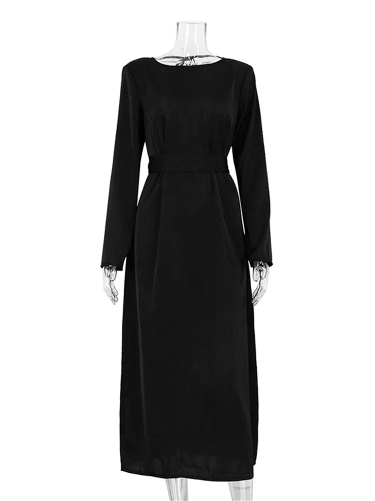 Backless Lace-up Slim Maxi Dress Female Black Autumn Bandage Long Sleeve Patchwork Long Dress