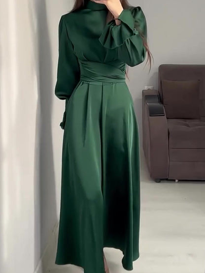 A-line Long Sleeves Pleated Color Tied Waist Zipper Mock Neck Maxi Dresses
