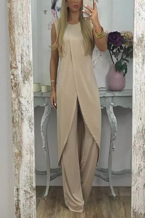 Tulip Hem Sleeveless Long Top Wide Leg Pants Set