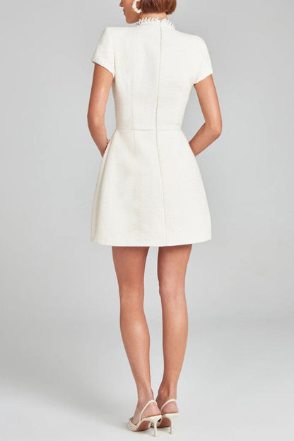 Moxidress Mockneck Pearl Trim Waisted Tweed Mini Dress